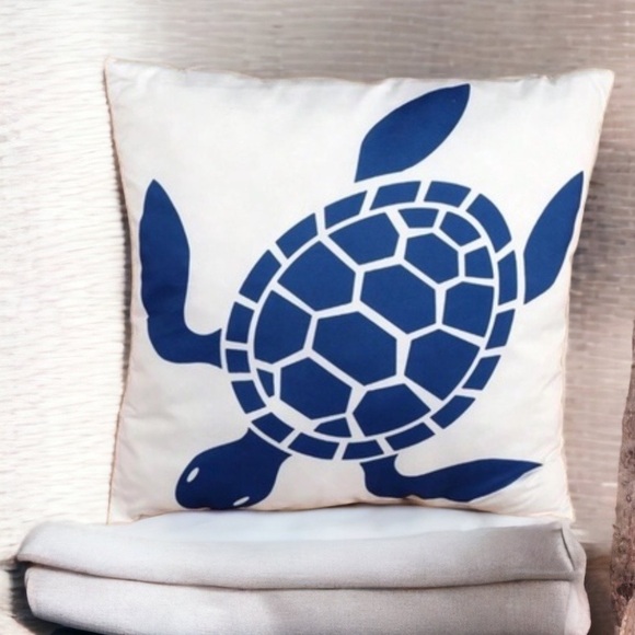 Coastal Pillow Cover Sea Turtle Nautical Graphic Beach 17.75” Square Blue White - Picture 10 of 16
